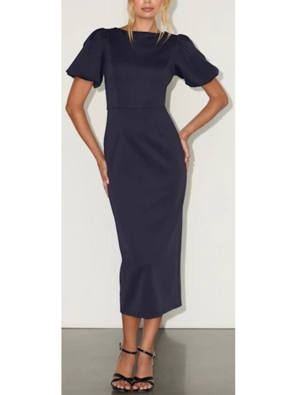 Lulus Simply Beloved Navy Blue Puff Sleeve Bodycon Midi Dress Blue Size XS NWOT